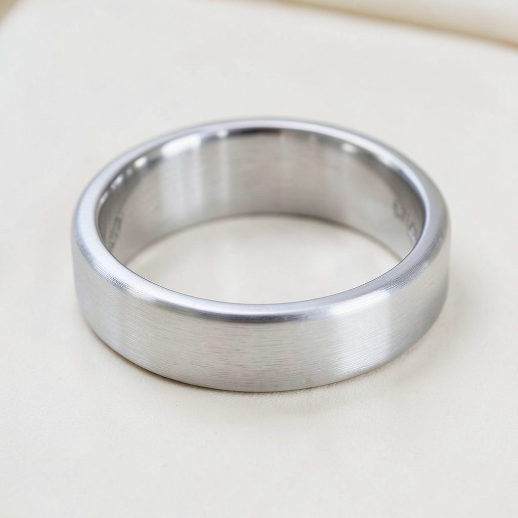 Wide brushed metal wedding band on a neutral linen backdrop, soft daylight, warm cream tones.