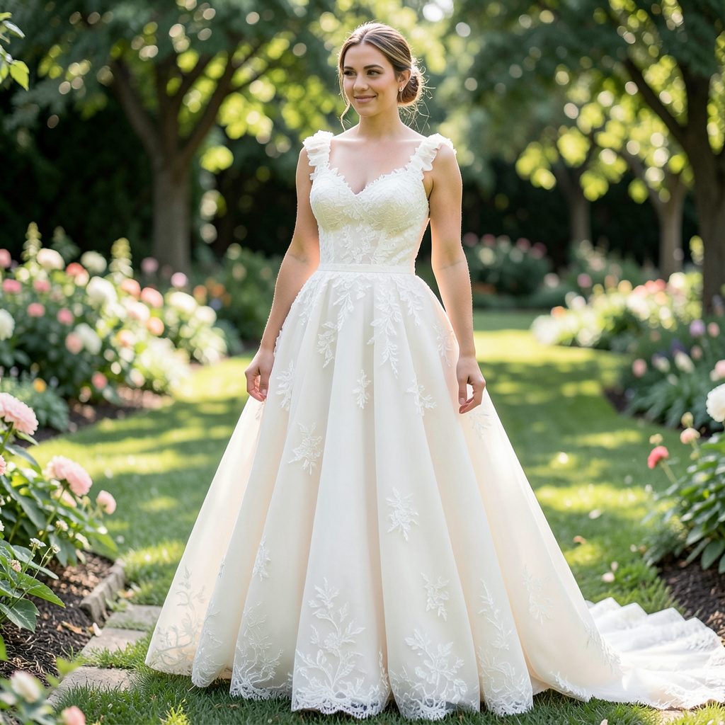Elegant ivory lace wedding dress on a soft beige backdrop, gentle diffused light.